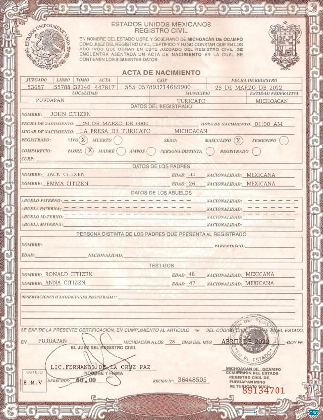 Download Mexico birth certificate template in PSD format Photoshop template